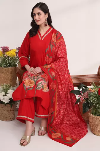 red floral,lace work straight kurta and trouser with dupatta set