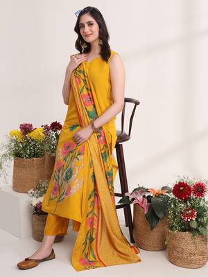 mustard floral,lace work straight kurta and trouser with dupatta set 2