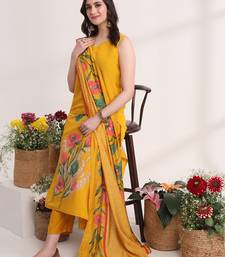 Yufta mustard floral,lace work straight kurta and trouser with dupatta set