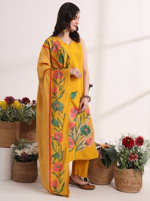 mustard floral,lace work straight kurta and trouser with dupatta set 5