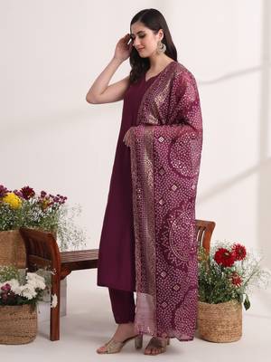 purple solid a-line kurta trouser and dupatta set 2