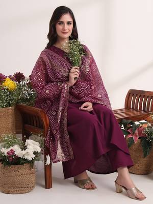 purple solid a-line kurta trouser and dupatta set 5