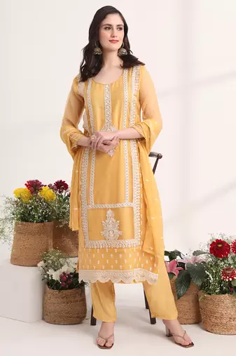 mustard embroidery poly chiffon straight kurta dupatta set