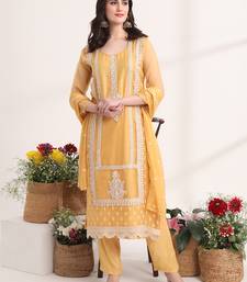 mustard embroidery poly chiffon straight kurta dupatta set