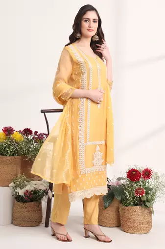 mustard embroidery poly chiffon straight kurta dupatta set