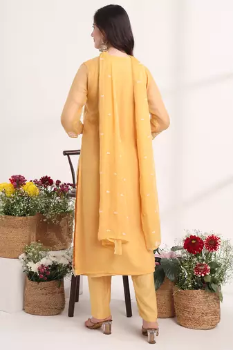 mustard embroidery poly chiffon straight kurta dupatta set