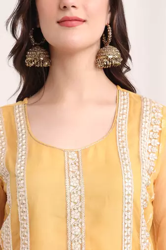 mustard embroidery poly chiffon straight kurta dupatta set
