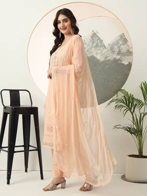 peach embroidery silk blend straight kurta dupatta set 2