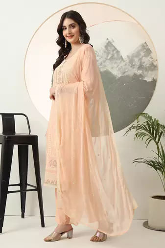 peach embroidery silk blend straight kurta dupatta set
