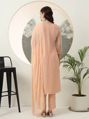 peach embroidery silk blend straight kurta dupatta set 3