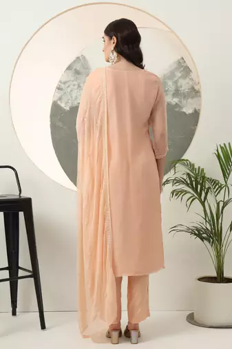 peach embroidery silk blend straight kurta dupatta set
