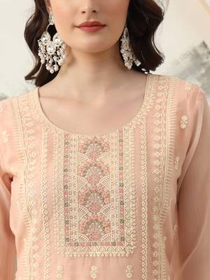 peach embroidery silk blend straight kurta dupatta set 4
