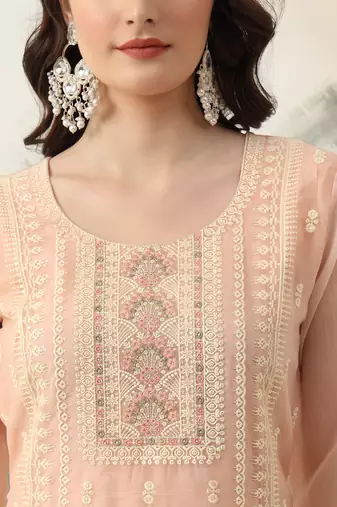 peach embroidery silk blend straight kurta dupatta set