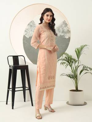 peach embroidery silk blend straight kurta dupatta set 5