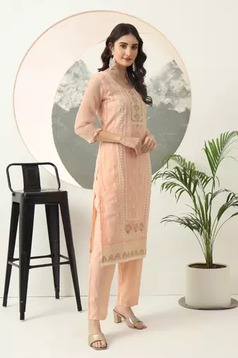 peach embroidery silk blend straight kurta dupatta set