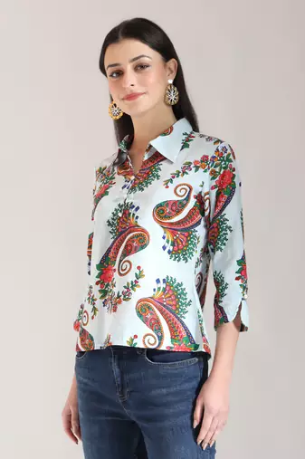 sky blue pure cotton paisley peplum top