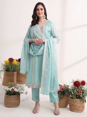 blue embroidery organza straight kurta dupatta set 2