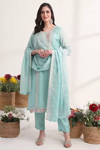 blue embroidery organza straight kurta dupatta set