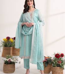 blue embroidery organza straight kurta dupatta set