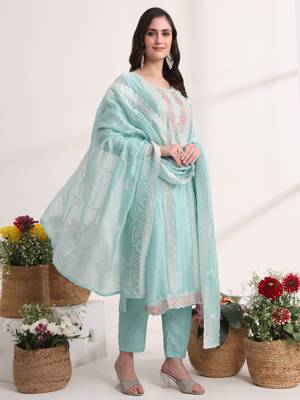 blue embroidery organza straight kurta dupatta set 3
