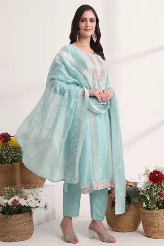 blue embroidery organza straight kurta dupatta set
