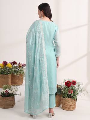 blue embroidery organza straight kurta dupatta set 4