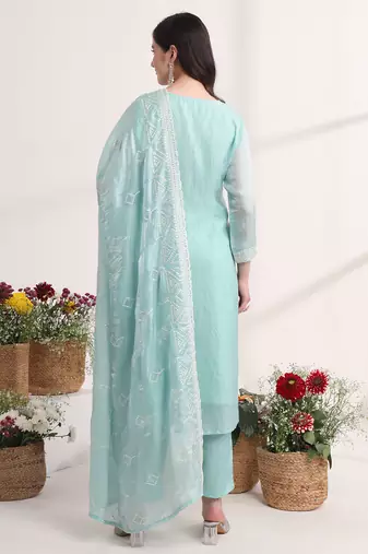 blue embroidery organza straight kurta dupatta set