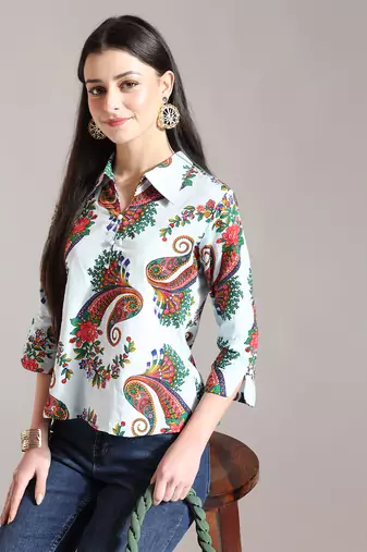 sky blue pure cotton paisley peplum top