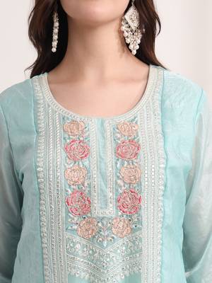 blue embroidery organza straight kurta dupatta set 5
