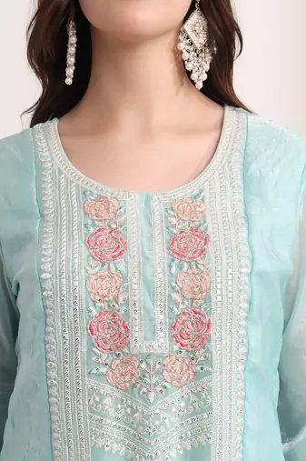 blue embroidery organza straight kurta dupatta set