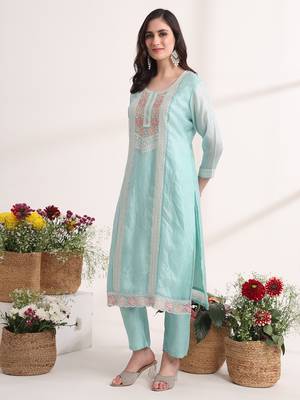 blue embroidery organza straight kurta dupatta set 6
