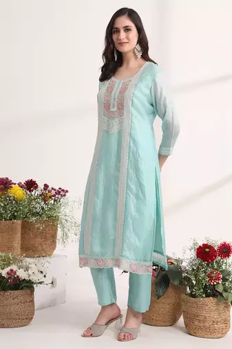 blue embroidery organza straight kurta dupatta set