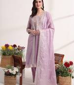 purple embroidery organza straight kurta dupatta set