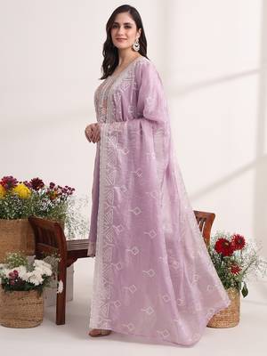 purple embroidery organza straight kurta dupatta set 2