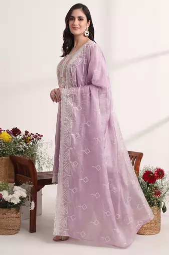 purple embroidery organza straight kurta dupatta set