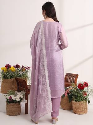 purple embroidery organza straight kurta dupatta set 3