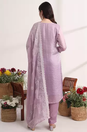 purple embroidery organza straight kurta dupatta set