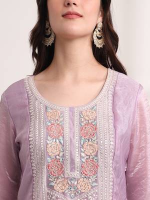 purple embroidery organza straight kurta dupatta set 4