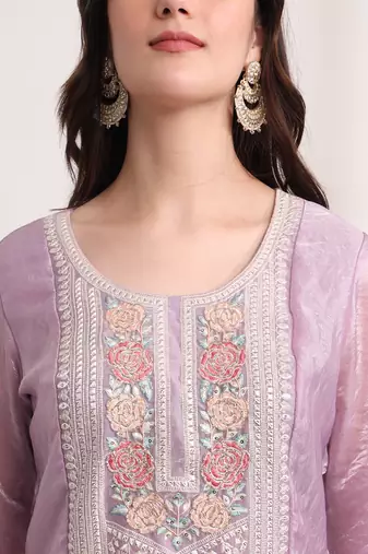purple embroidery organza straight kurta dupatta set