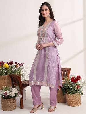 purple embroidery organza straight kurta dupatta set 5