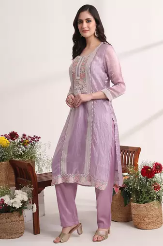 purple embroidery organza straight kurta dupatta set