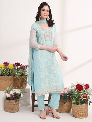 blue embroidery poly chiffon straight kurta dupatta set 2