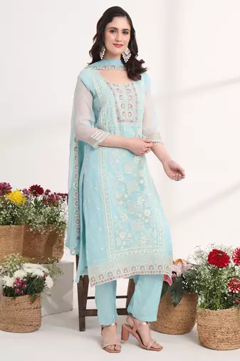 blue embroidery poly chiffon straight kurta dupatta set