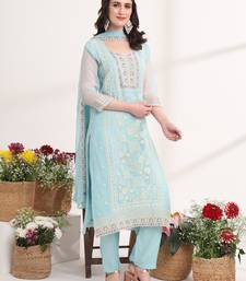 blue embroidery poly chiffon straight kurta dupatta set