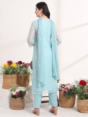 blue embroidery poly chiffon straight kurta dupatta set 3