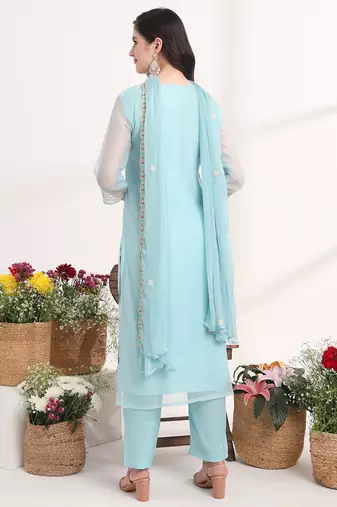 blue embroidery poly chiffon straight kurta dupatta set