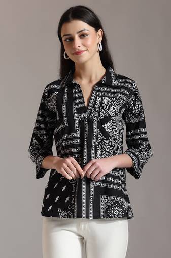 black pure cotton boho printed top