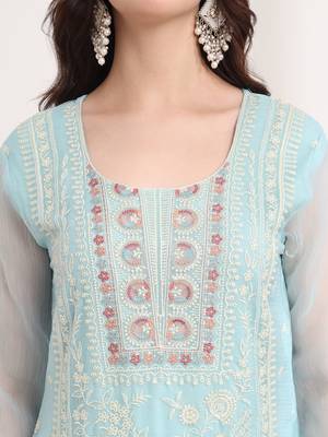 blue embroidery poly chiffon straight kurta dupatta set 4