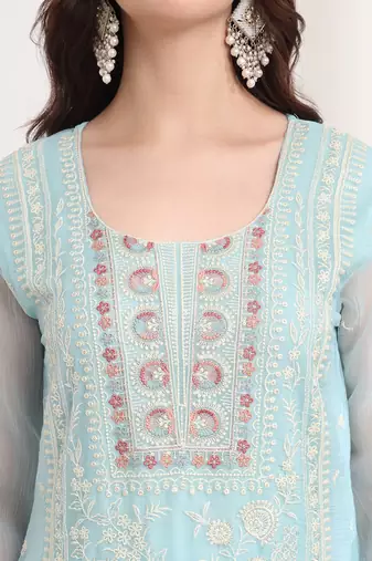 blue embroidery poly chiffon straight kurta dupatta set