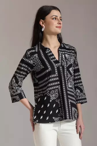 black pure cotton boho printed top
